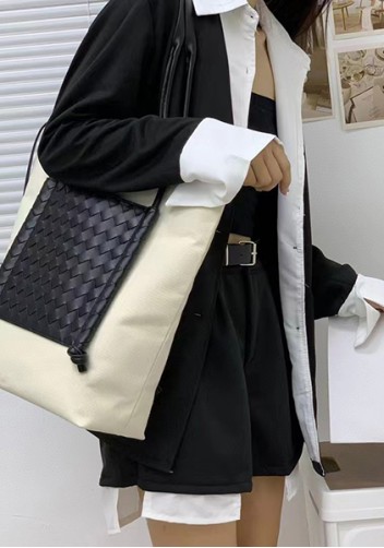 Mia Woven Leather Canvas Vertical Tote Black