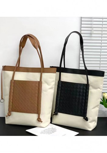 Mia Woven Leather Canvas Vertical Tote Black