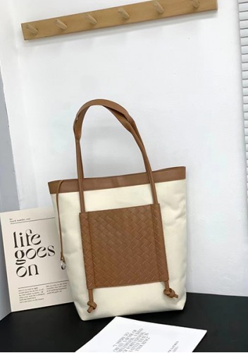 Mia Woven Leather Canvas Vertical Tote Camel