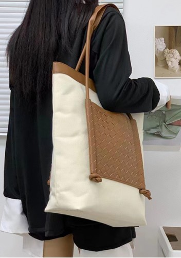 Mia Woven Leather Canvas Vertical Tote Camel