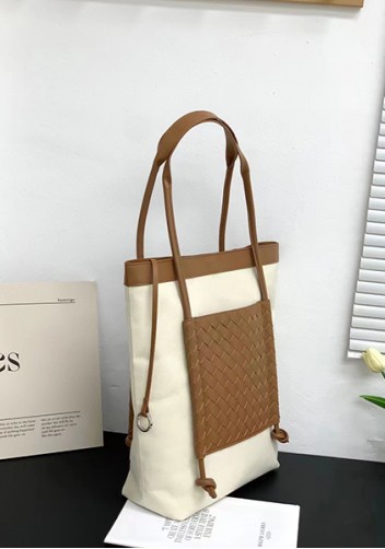 Mia Woven Leather Canvas Vertical Tote Camel