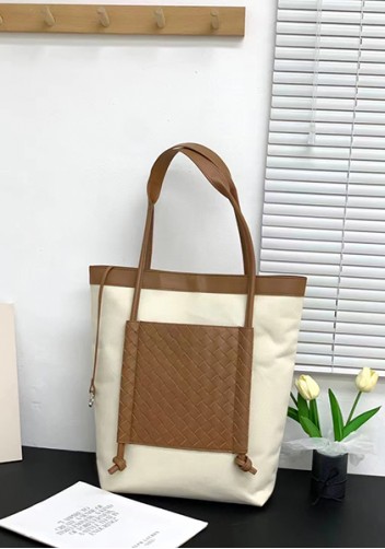 Mia Woven Leather Canvas Vertical Tote Camel