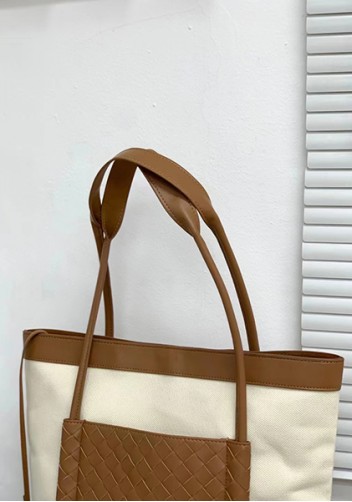 Mia Woven Leather Canvas Vertical Tote Camel