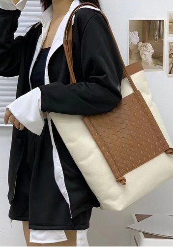 Mia Woven Leather Canvas Vertical Tote Camel