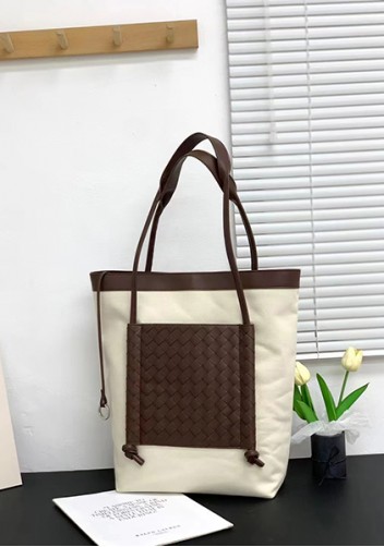 Mia Woven Leather Canvas Vertical Tote Choco