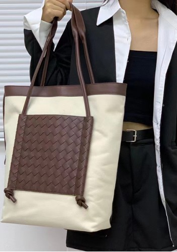 Mia Woven Leather Canvas Vertical Tote Choco