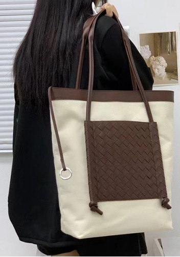 Mia Woven Leather Canvas Vertical Tote Choco