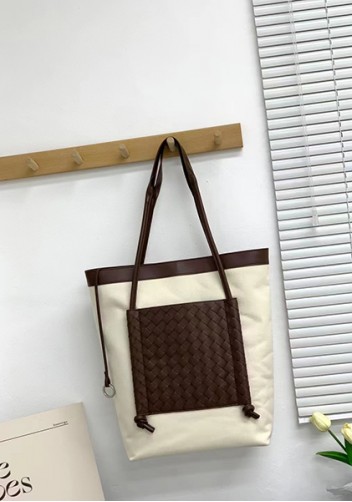 Mia Woven Leather Canvas Vertical Tote Choco