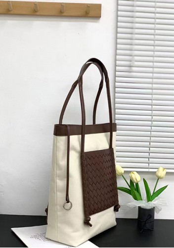 Mia Woven Leather Canvas Vertical Tote Choco