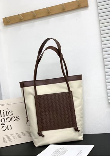 Mia Woven Leather Canvas Vertical Tote Choco