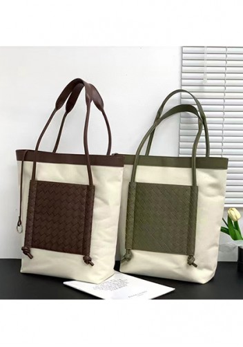 Mia Woven Leather Canvas Vertical Tote Choco