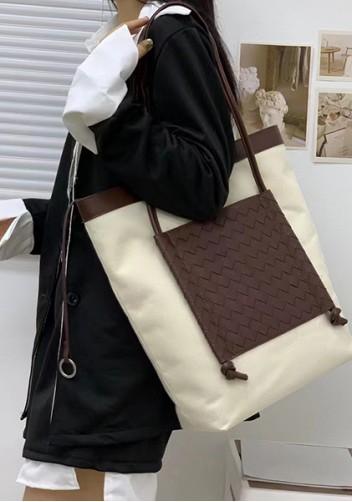 Mia Woven Leather Canvas Vertical Tote Choco