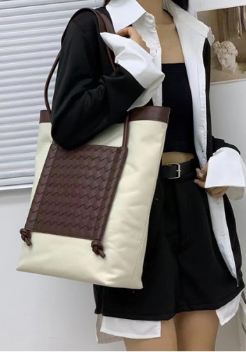 Mia Woven Leather Canvas Vertical Tote Choco