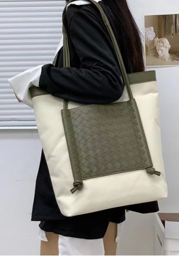 Mia Woven Leather Canvas Vertical Tote Green