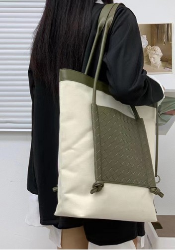 Mia Woven Leather Canvas Vertical Tote Green