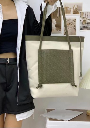 Mia Woven Leather Canvas Vertical Tote Green