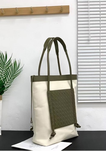 Mia Woven Leather Canvas Vertical Tote Green