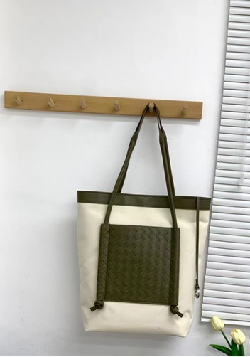 Mia Woven Leather Canvas Vertical Tote Green