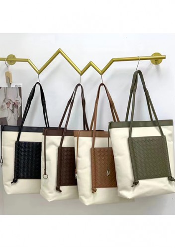 Mia Woven Leather Canvas Vertical Tote Green