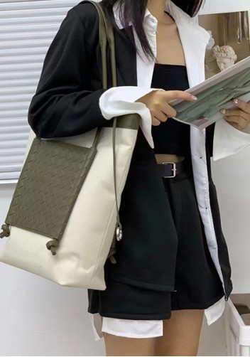 Mia Woven Leather Canvas Vertical Tote Green