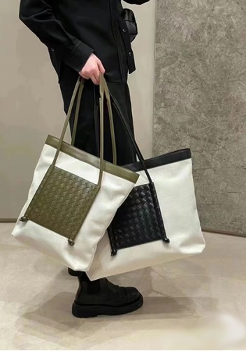 Mia Woven Leather Canvas Vertical Tote Green