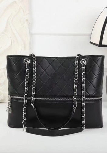 Rosa Tote Zipper Quilted Lambskin Leather Black