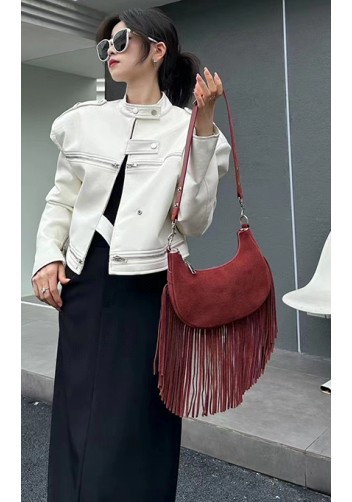 Shimanne Suede Leather Fringe Hobo Shoulder Bag Burgundy