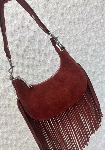 Shimanne Suede Leather Fringe Hobo Shoulder Bag Burgundy