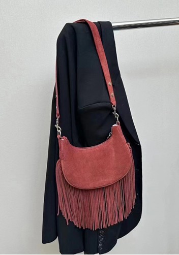 Shimanne Suede Leather Fringe Hobo Shoulder Bag Burgundy