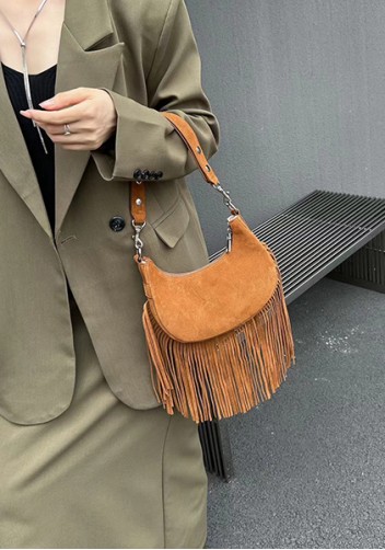 Shimanne Suede Leather Fringe Hobo Shoulder Bag Camel