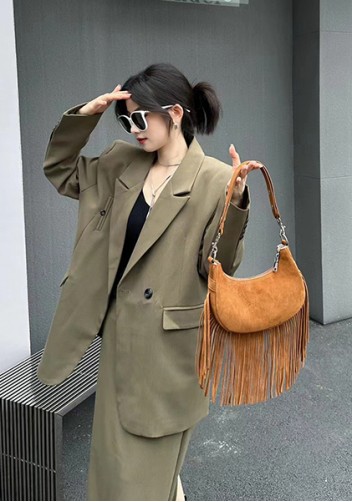 Shimanne Suede Leather Fringe Hobo Shoulder Bag Camel