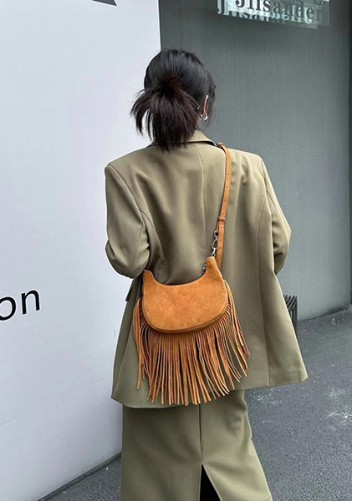 Shimanne Suede Leather Fringe Hobo Shoulder Bag Camel