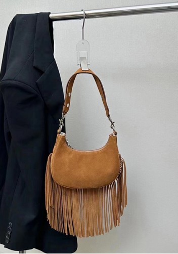 Shimanne Suede Leather Fringe Hobo Shoulder Bag Camel