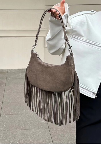 Shimanne Suede Leather Fringe Hobo Shoulder Bag Choco