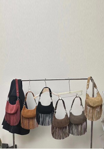 Shimanne Suede Leather Fringe Hobo Shoulder Bag Choco