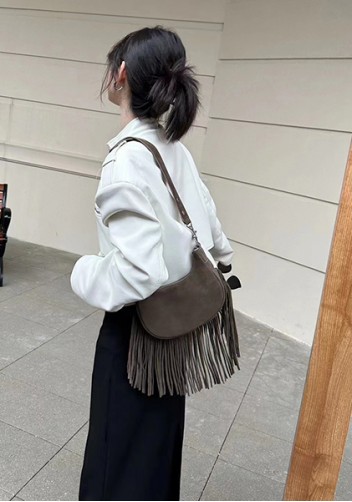 Shimanne Suede Leather Fringe Hobo Shoulder Bag Choco