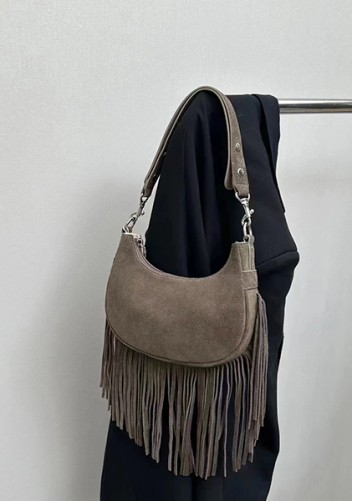 Shimanne Suede Leather Fringe Hobo Shoulder Bag Choco