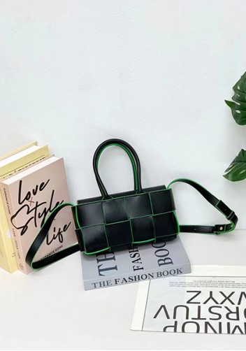 Mia Woven Leather 8 Squares Mini Tote Black Green