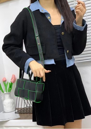 Mia Woven Leather 8 Squares Mini Tote Black Green