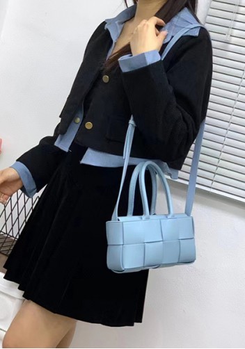 Mia Woven Leather 8 Squares Mini Tote Blue