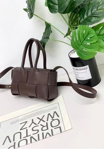 Mia Woven Leather 8 Squares Mini Tote Choco