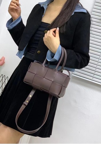 Mia Woven Leather 8 Squares Mini Tote Choco