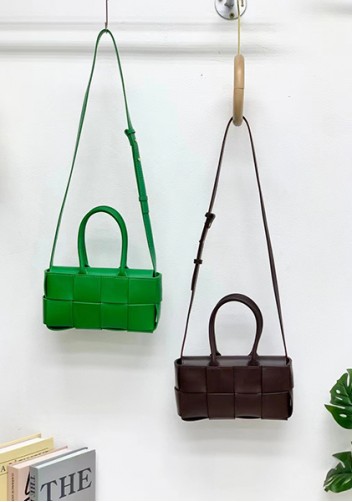 Mia Woven Leather 8 Squares Mini Tote Choco