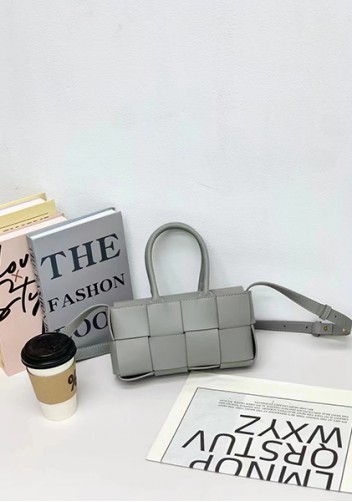 Mia Woven Leather 8 Squares Mini Tote Grey