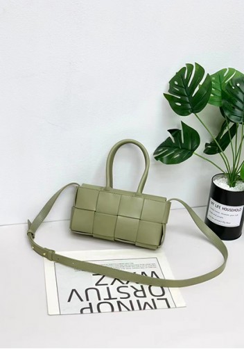 Mia Woven Leather 8 Squares Mini Tote Stone Green