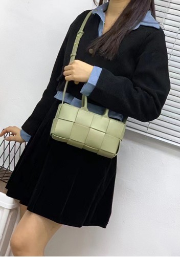 Mia Woven Leather 8 Squares Mini Tote Stone Green