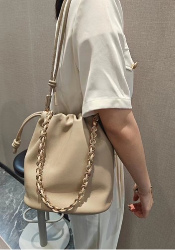 Salsa Leather Medium Drawstring Bucket Bag Beige