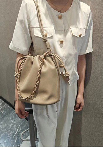 Salsa Leather Medium Drawstring Bucket Bag Beige