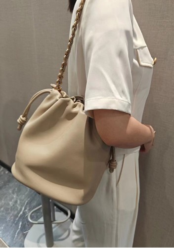 Salsa Leather Medium Drawstring Bucket Bag Beige