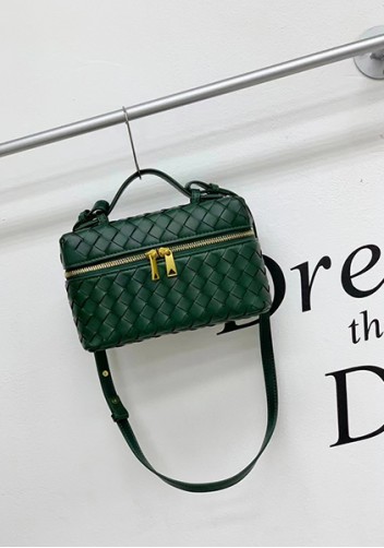 Mia Woven Leather Long Beauty Case Dark Green